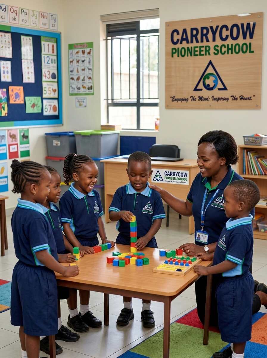 Children engaged in blocks activity beside a branded classroom wall