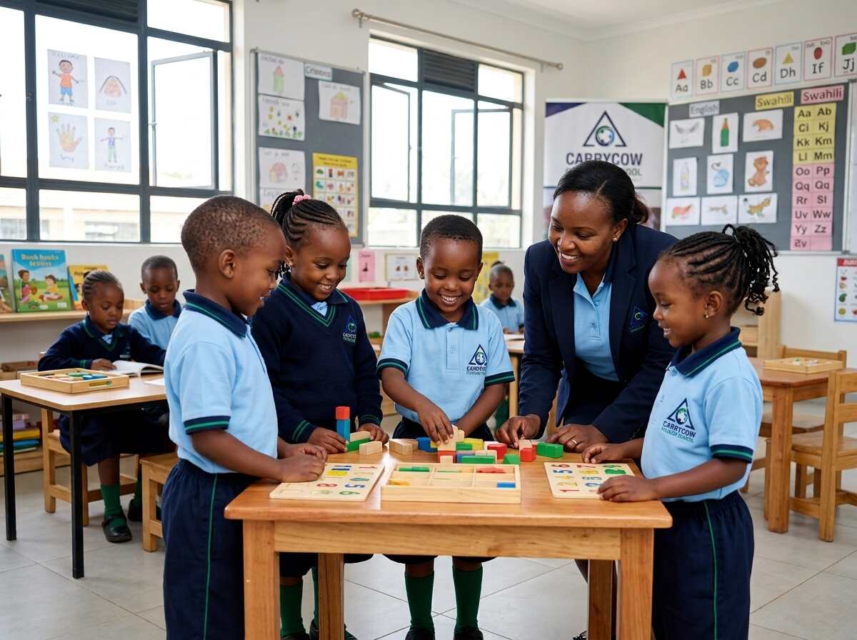 Swahili and English language learning chart in the classroom