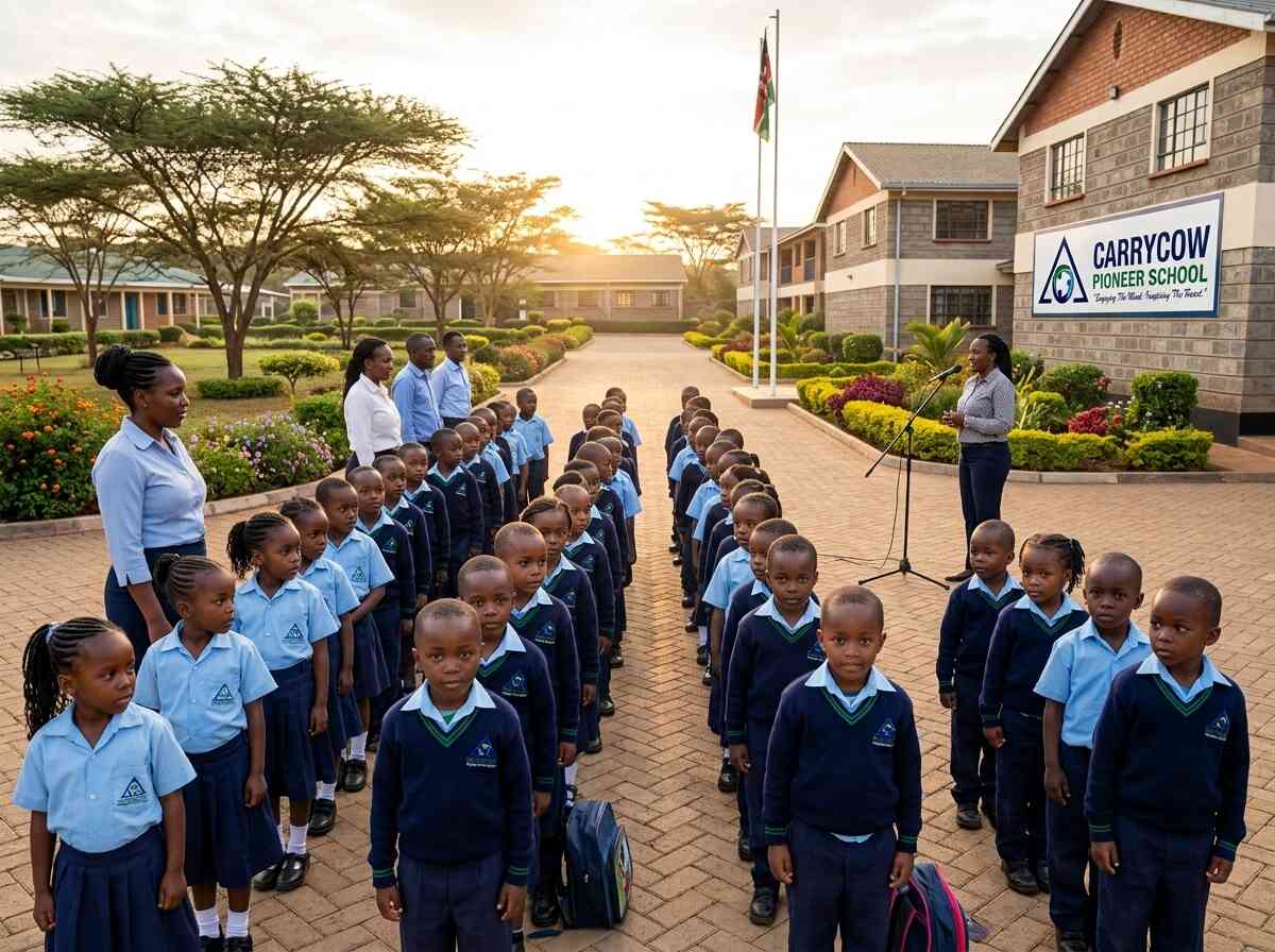 Carrycow Pioneer School sign at sunrise during outdoor morning assembly