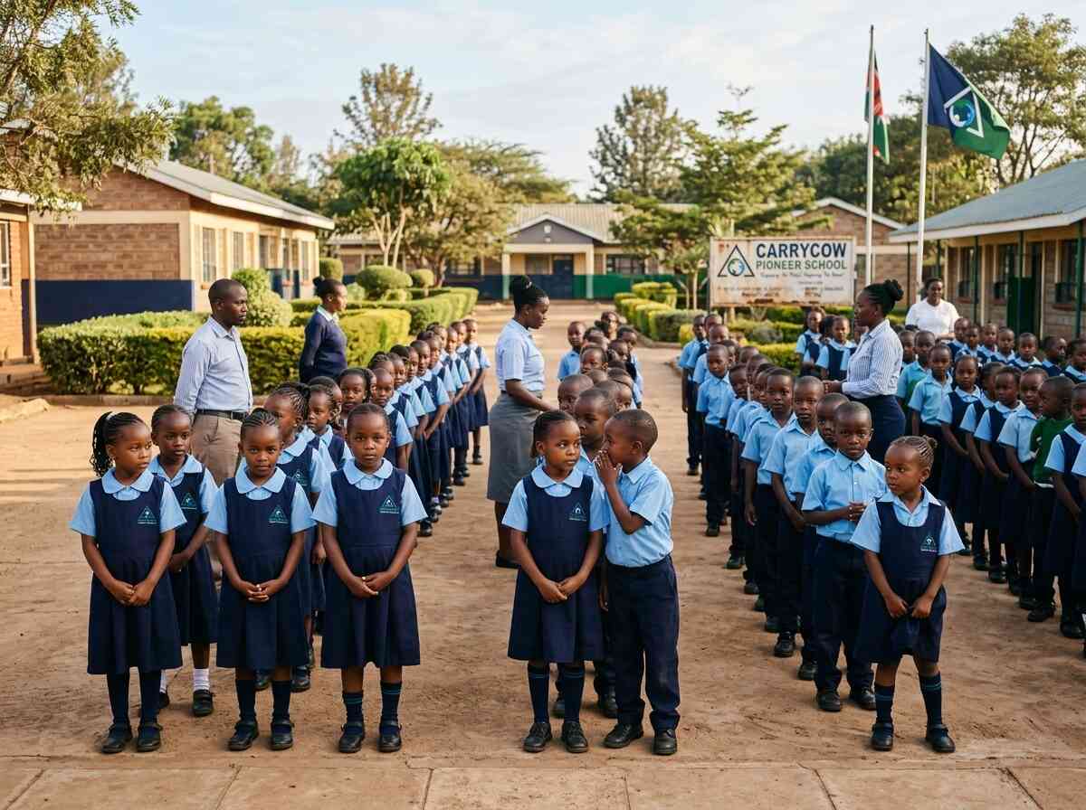 Carrycow Pioneer School morning assembly with flags flying