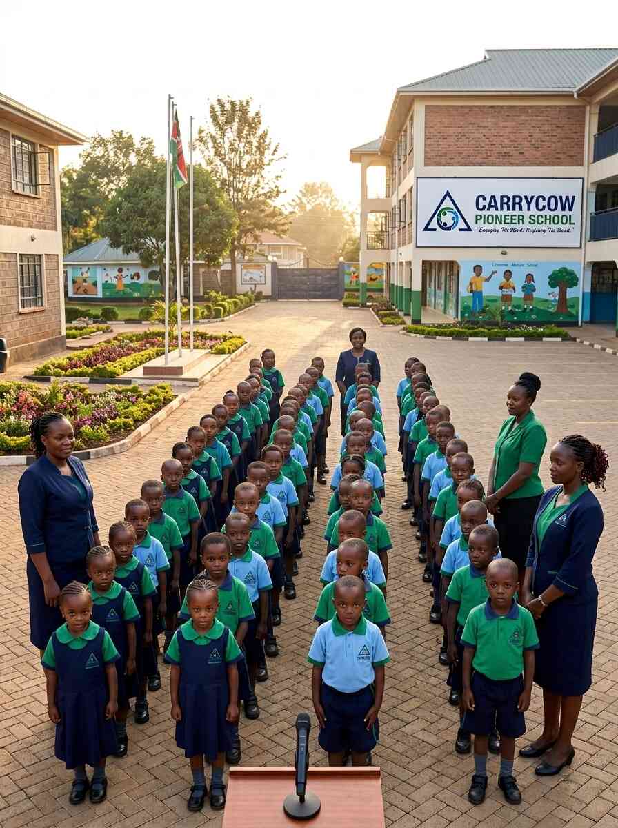 Carrycow Pioneer School students in green uniforms gathered outdoors at sunrise